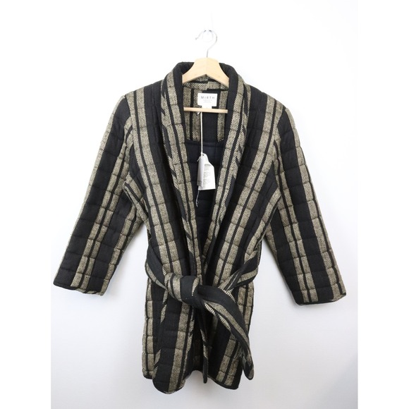 NWT MIRTH Bruges Jacket Small Black Golden Stripe Quilted Coat Handmade Belted - Picture 2 of 11